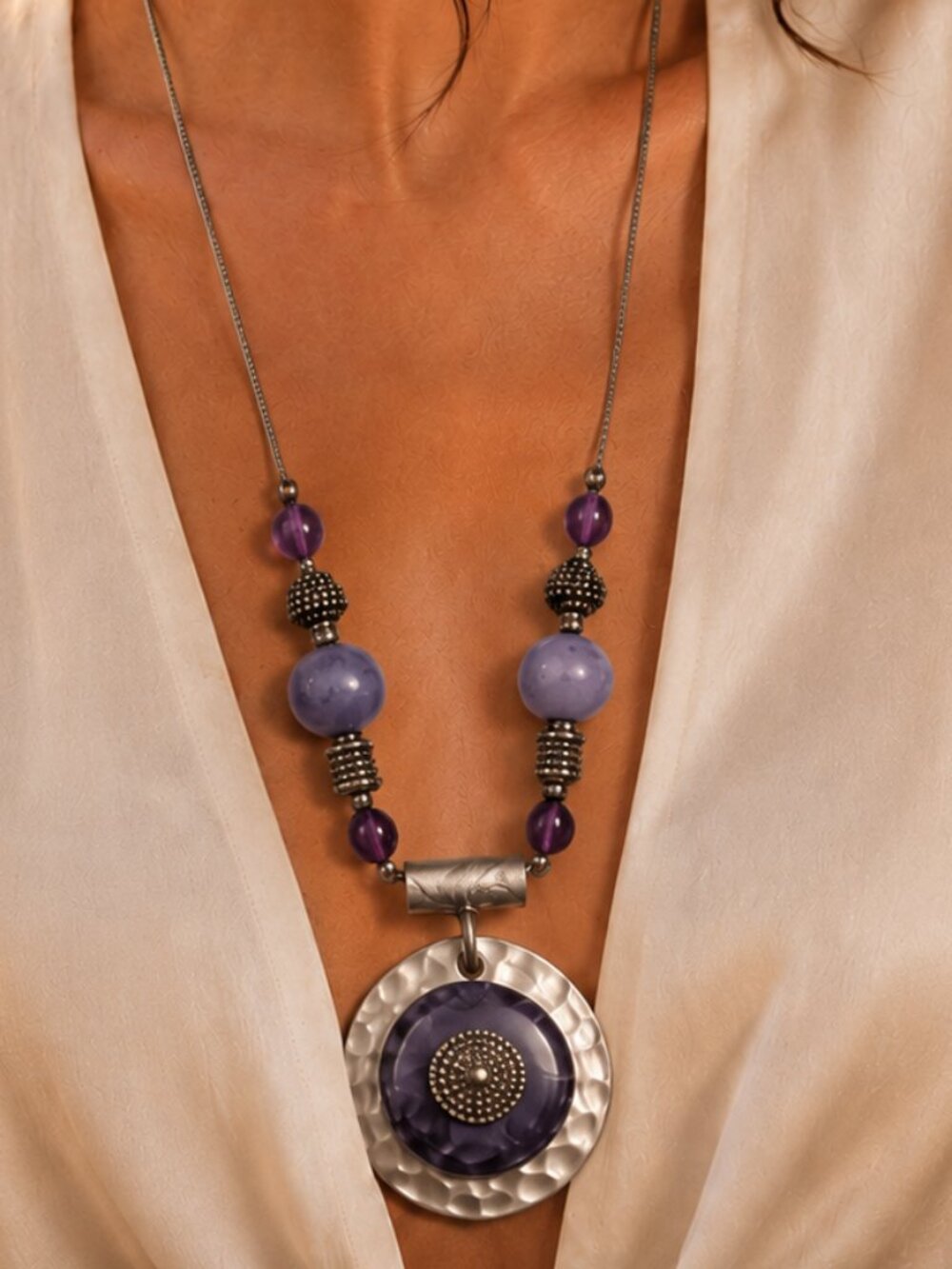 VJ Vicky Jousan Long Statement Necklace Silver Tone Purple Medallion 35"